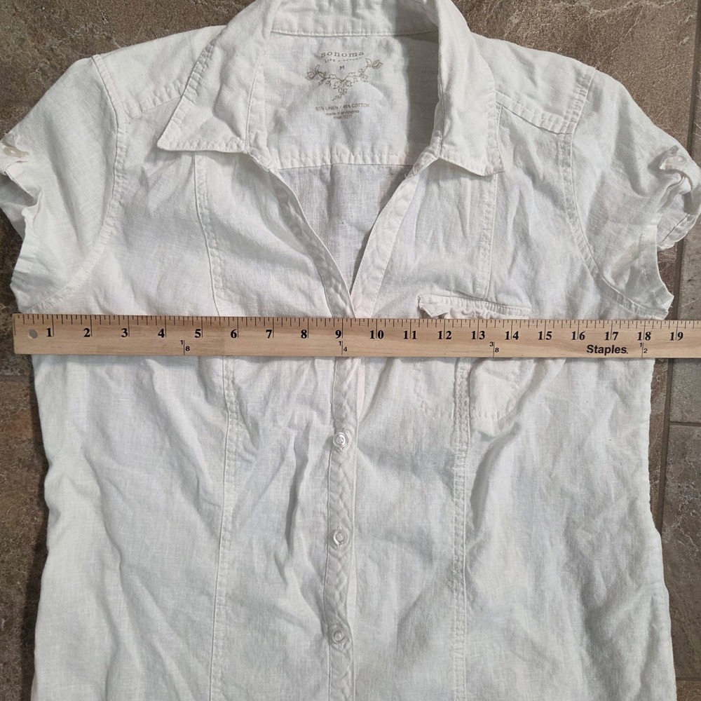 Sonoma Life Style White Linen Blend Short Sleeve Button Down Shirt Medium - Picture 4 of 7